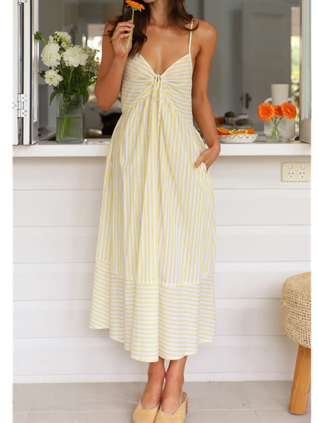 

Women Striped Summer Dress Sleeveless A-Line Dress, Yellow, Dresses