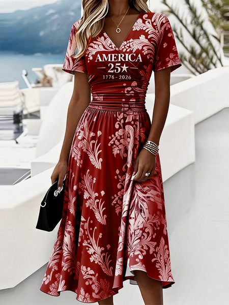 Women Independence Day (Flag) Summer Dress V Neck Short Sleeve Beach Dress A-Line Dress