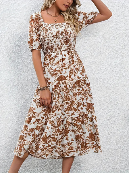 

Women Floral Summer Dress Square Neck Short Sleeve Fit & Flare Dress A-Line Dress, Khaki, Dresses