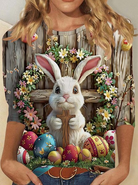 Vintage 3D Printing Crew Neck Three Quarter Sleeve T-shirt