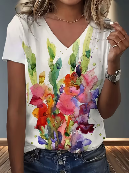 

Women Abstract Short Sleeve Tee T-shirt V Neck Printing Vintage Summer Top, White, T-Shirts