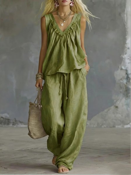 

Women Plain Two-Piece Set Daily Sleeveless Casual Summer Top With Pants Matching Set, Green, Sets