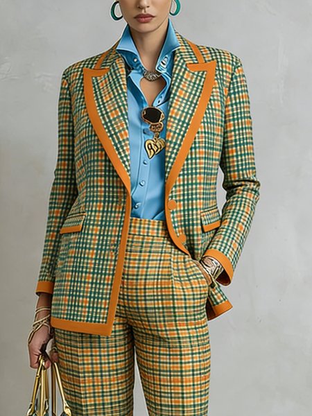 Casual Printing Plaid Lapel Collar Blazer