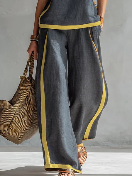 

Cotton And Linen Casual Color Block Wide Leg Pants, Gray, Pants