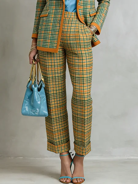 

Casual Plaid High Waist Straight Pants H-Line Spring Trousers, As picture, Pants