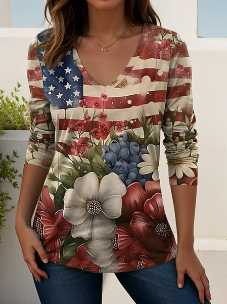 

Women Floral Long Sleeve Tee T-shirt V Neck Printing Casual Graphic Tee Spring/Fall Top, As picture, T-Shirts