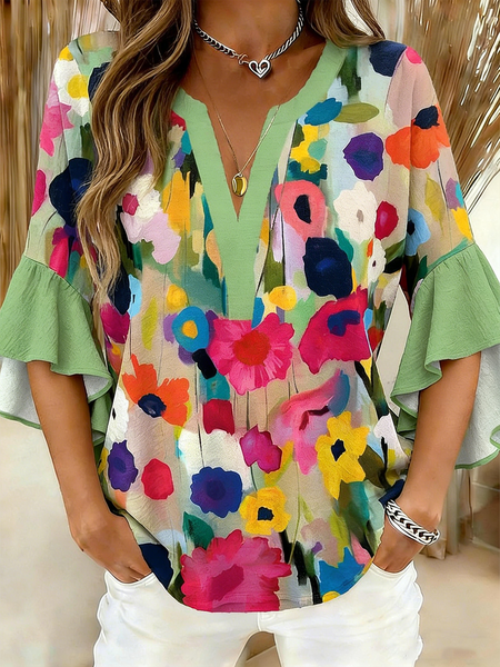 

V Neck Half Sleeve Floral Regular Loose Shirt For Women, Green, Shirts