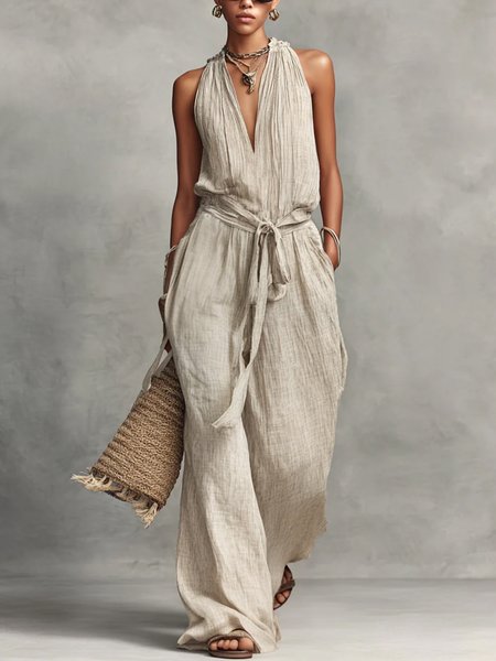 

Cotton And Linen Casual Plain V Neck Jumpsuit With Belt, Apricot, Jumpsuits