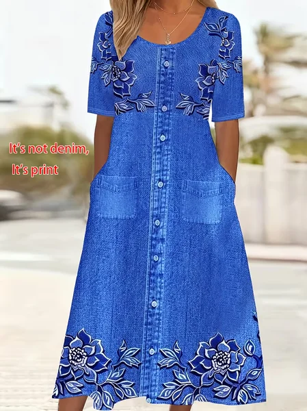 Women Floral Summer Printing Dress Crew Neck Short Sleeve Shift Dress H-Line Dress