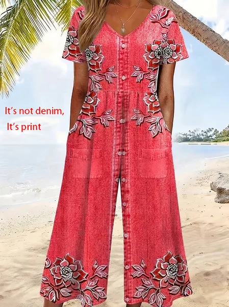 

Women Floral V Neck Half Sleeve Casual Summer Jumpsuit, Red, Jumpsuits＆Rompers