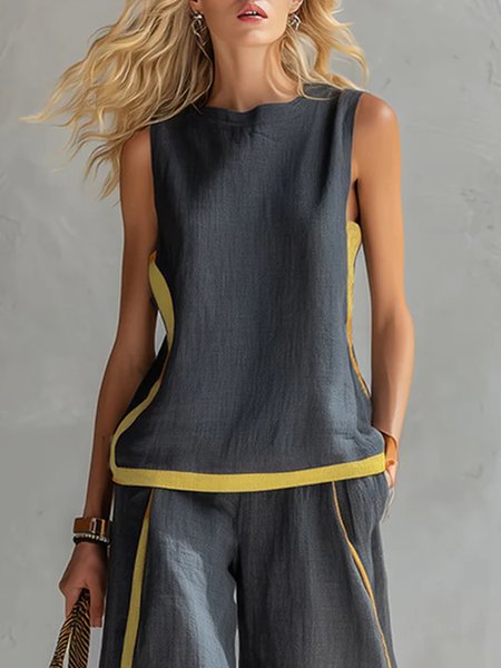Cotton And Linen Casual Color Block Crew Neck Tank Top