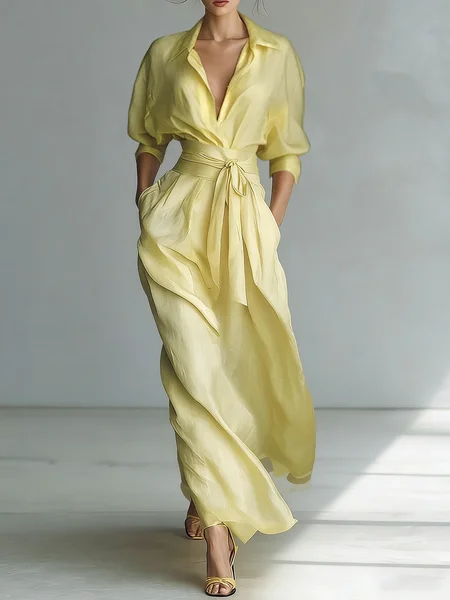 

Cotton Urban Plain Shirt Collar Maxi Dress With Belt, Yellow, Maxi Dresses