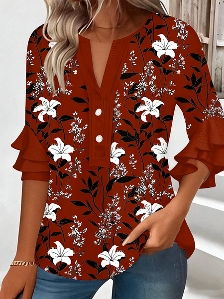 V Neck Half Sleeve Floral Regular Loose Shirt For Women
