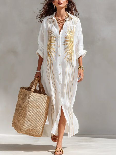 

Casual Striped Printing Shirt Collar Maxi Dress, White, Midi Dresses