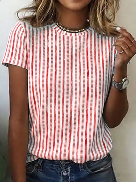 Casual Striped Crew Neck Short Sleeve T-shirt