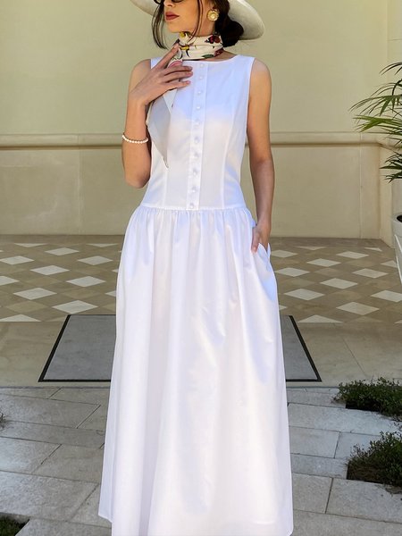 

Cotton Casual Plain Buttoned Crew Neck Maxi Dress, White, Maxi Dresses