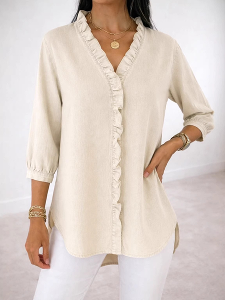 V Neck Three Quarter Sleeve Plain Regular Regular Fit Shirt For Women