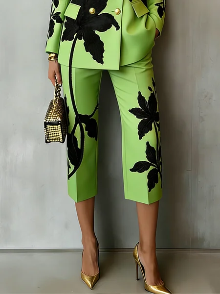 

Urban Floral Printing Straight Pants, Green, Shorts