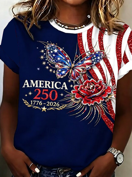 

Women Floral Short Sleeve Tee T-shirt Crew Neck Printing Casual Graphic Tee Summer Top, Purplish blue, T-Shirts