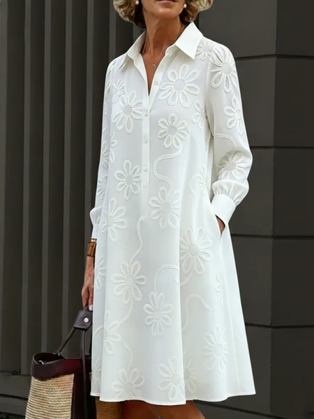 Women Floral Spring/Fall Dress Stand Collar Long Sleeve Shirt Dress A-Line Dress