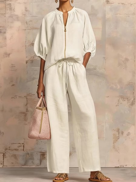 Women Plain Two-Piece Set Daily Three Quarter Sleeve Casual Spring/Fall Top With Pants Matching Set