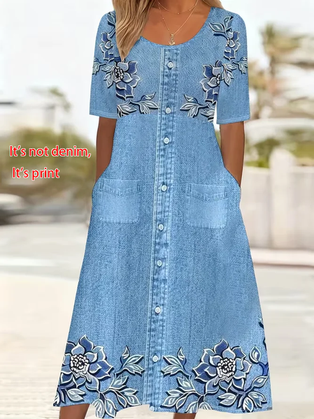 

Women Floral Short Sleeve Crew Neck Printing Dress Daily Casual Maxi Shift Dress H-Line Summer Dress, Blue, Casual Dresses