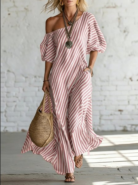 Women Striped Summer Dress Asymmetrical Short Sleeve Fit & Flare Dress A-Line Dress
