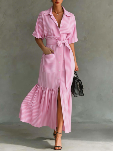 Women Striped Summer Dress V Neck Short Sleeve Shirt Dress A-Line Dress