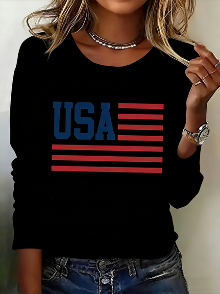 Casual America Flag Crew Neck Long Sleeve T-shirt