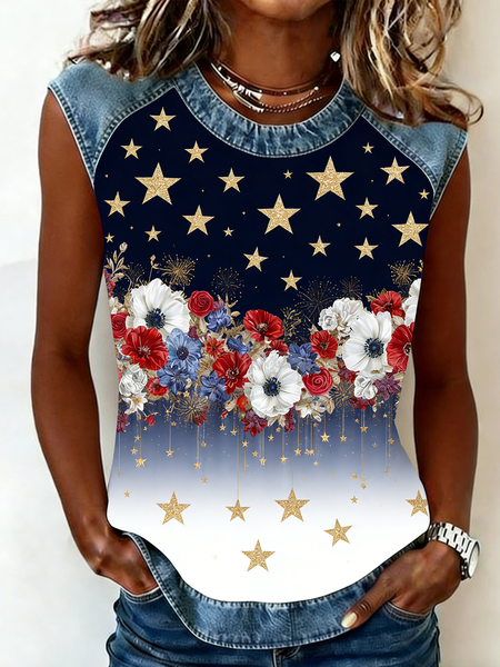 

Vintage Crew Neck Floral Tank Top, Color2, Tanks & Camis