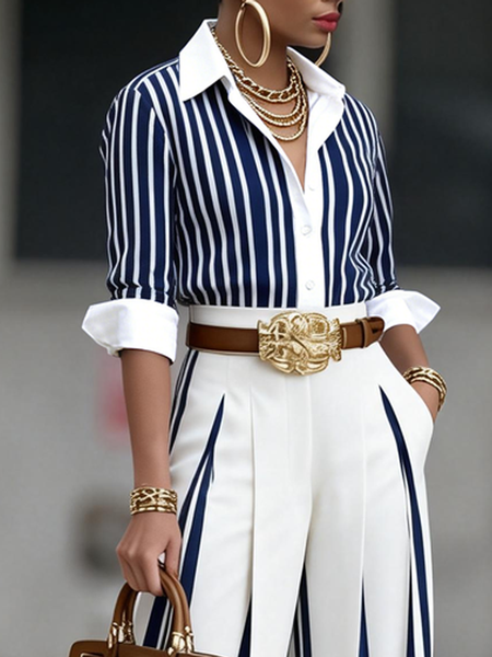 

Plus Size Casual Shirt Collar Shirt, Stripe, Plus Tops