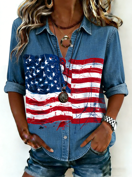 

Long Sleeve Geometric Regular Micro-Elasticity Loose Shirt For Women, Blue, Shirts