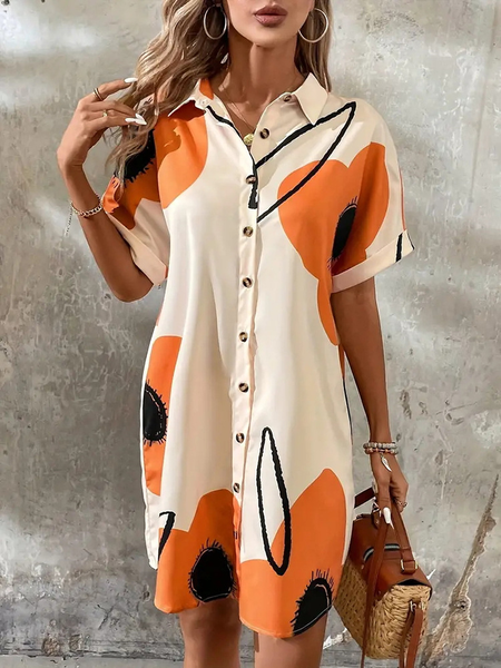 

Women Striped Summer Dress Shawl Collar Short Sleeve Fit & Flare Dress A-Line Dress, Apricot, Dresses