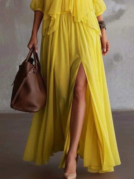 

Vacation Plain Slit Maxi Skirt, Yellow, Skirts