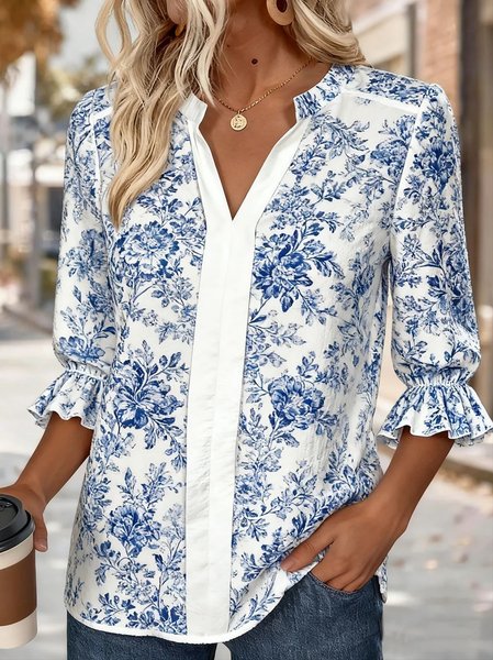 

V Neck Short Sleeve Floral Regular Regular Fit Blouse For Women, As picture, Blouses