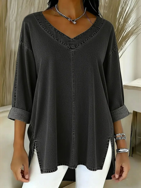 Casual Plain V Neck Long Sleeve T-shirt