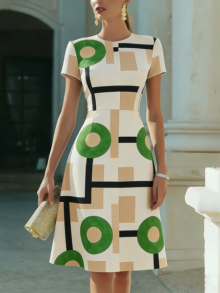

Urban Geometric Printing Crew Neck Knee Length Dress, As picture, Midi Dresses