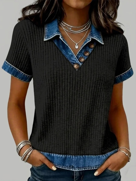 V Neck Short Sleeve Color Block Regular Micro-Elasticity Loose Blouse For Women