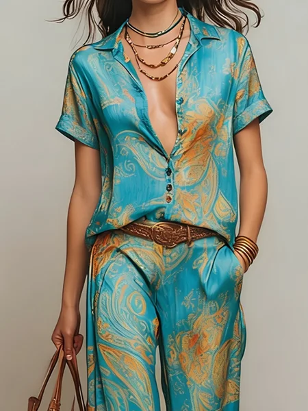 

Vacation Random Print Shirt Collar Shirt, As picture, Blouses and Shirts