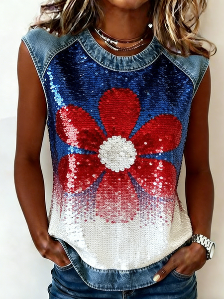 

Vintage Crew Neck Floral Tank Top, As picture, Tanks & Camis