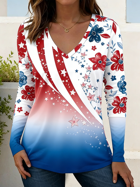 

Elegant Striped V Neck Long Sleeve T-shirt, Blue, T-shirts