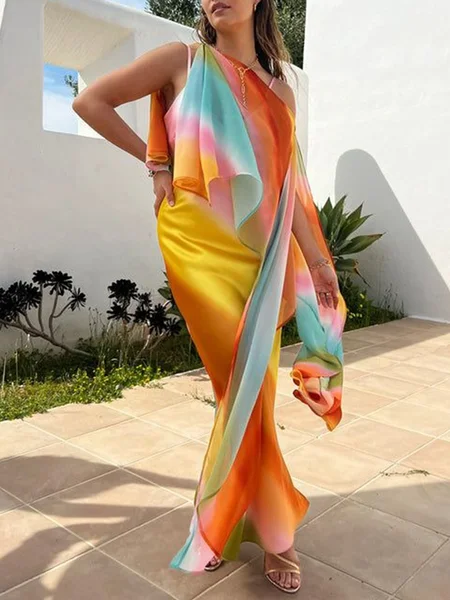 

Urban Ombre Printing V Neck Maxi Dress With Wrap, As picture, Maxi Dresses