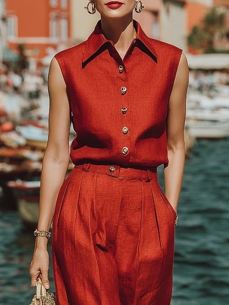 

Cotton And Linen Casual Plain Shirt Collar Shirt, Red, Blouses and Shirts