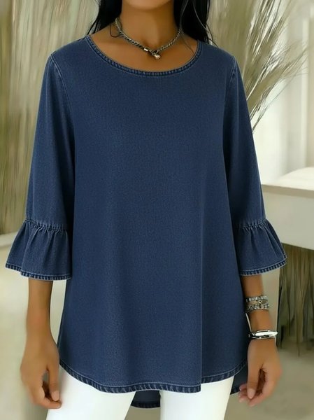 

Casual Plain Crew Neck Three Quarter Sleeve T-shirt, Deep blue, T-shirts