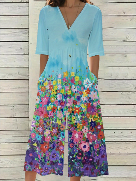 

Women Floral V Neck Half Sleeve Casual Summer Jumpsuit, Blue, Jumpsuits＆Rompers