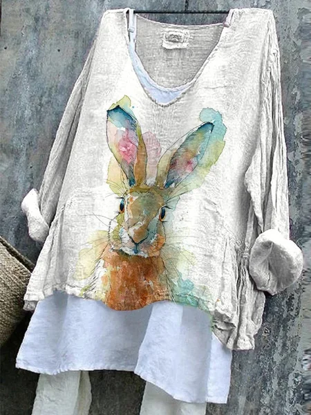 

Women Easter (rabbit) V Neck Long Sleeve Blouse Printing Casual Daily Spring/Fall Top, White, Blouses