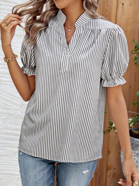V Neck Short Sleeve Striped Regular Regular Fit Blouse For Women