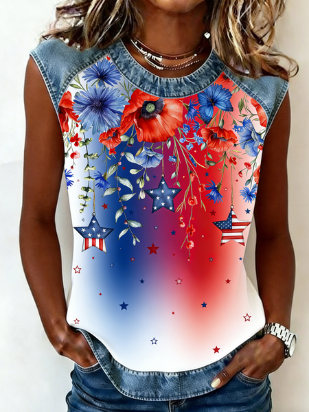 

Vintage Crew Neck Floral Tank Top, Color2, Tanks & Camis