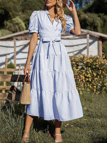 

Women Striped Summer Dress V Neck Short Sleeve Fit & Flare Dress A-Line Dress, Blue, Dresses