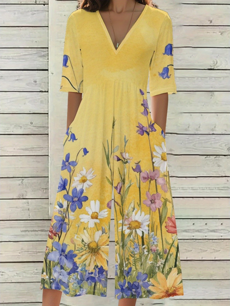 

Women Floral V Neck Half Sleeve Casual Summer Jumpsuit, Yellow, Jumpsuits&Rompers
